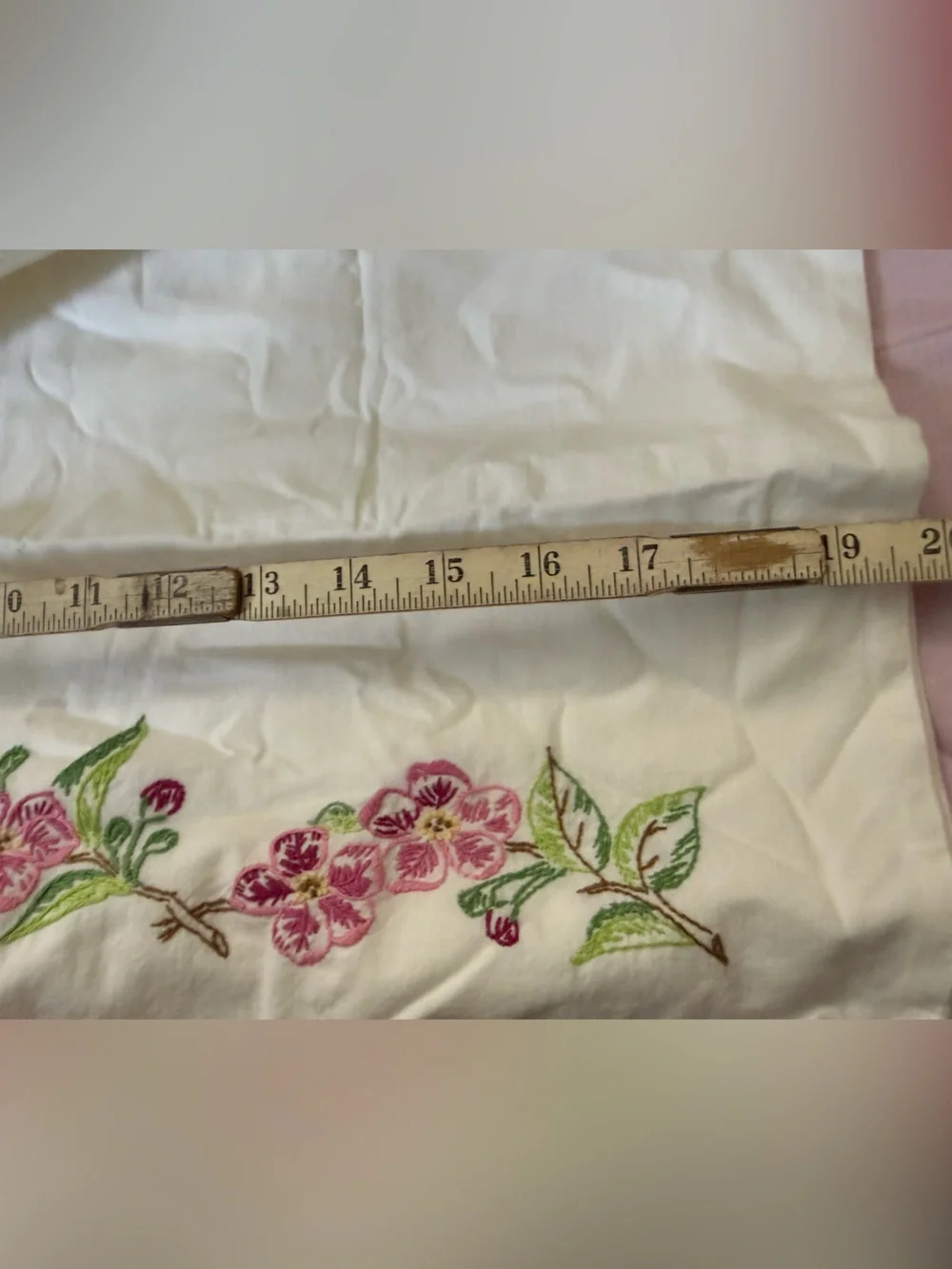 Pillowcase White with Pink Floral Embroidery Blue Trim OSB